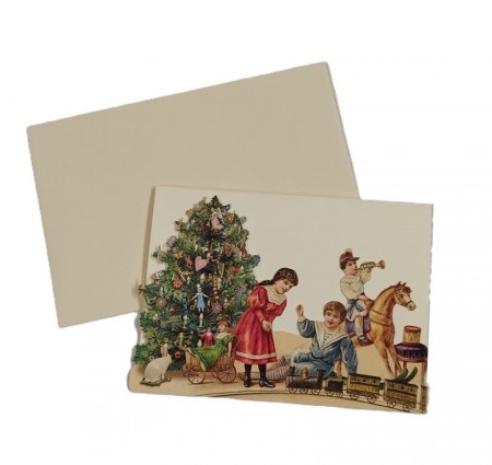 Julekort med glansbilde - barn ved juletre