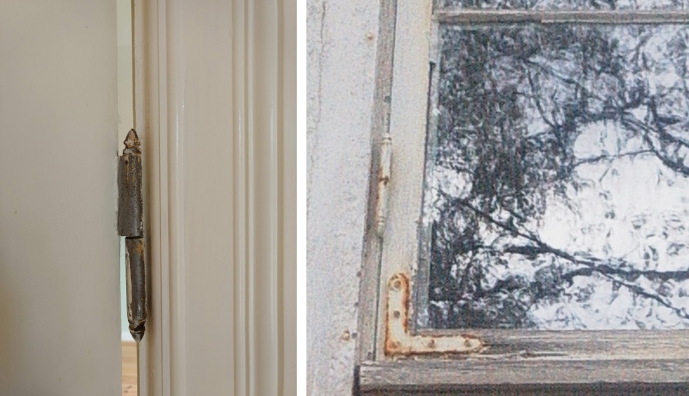 Originale eikenøtthengsler brukt på dør og vindu. Hamar og Vallset ca år 1900. Foto: Gamletrehus.no 